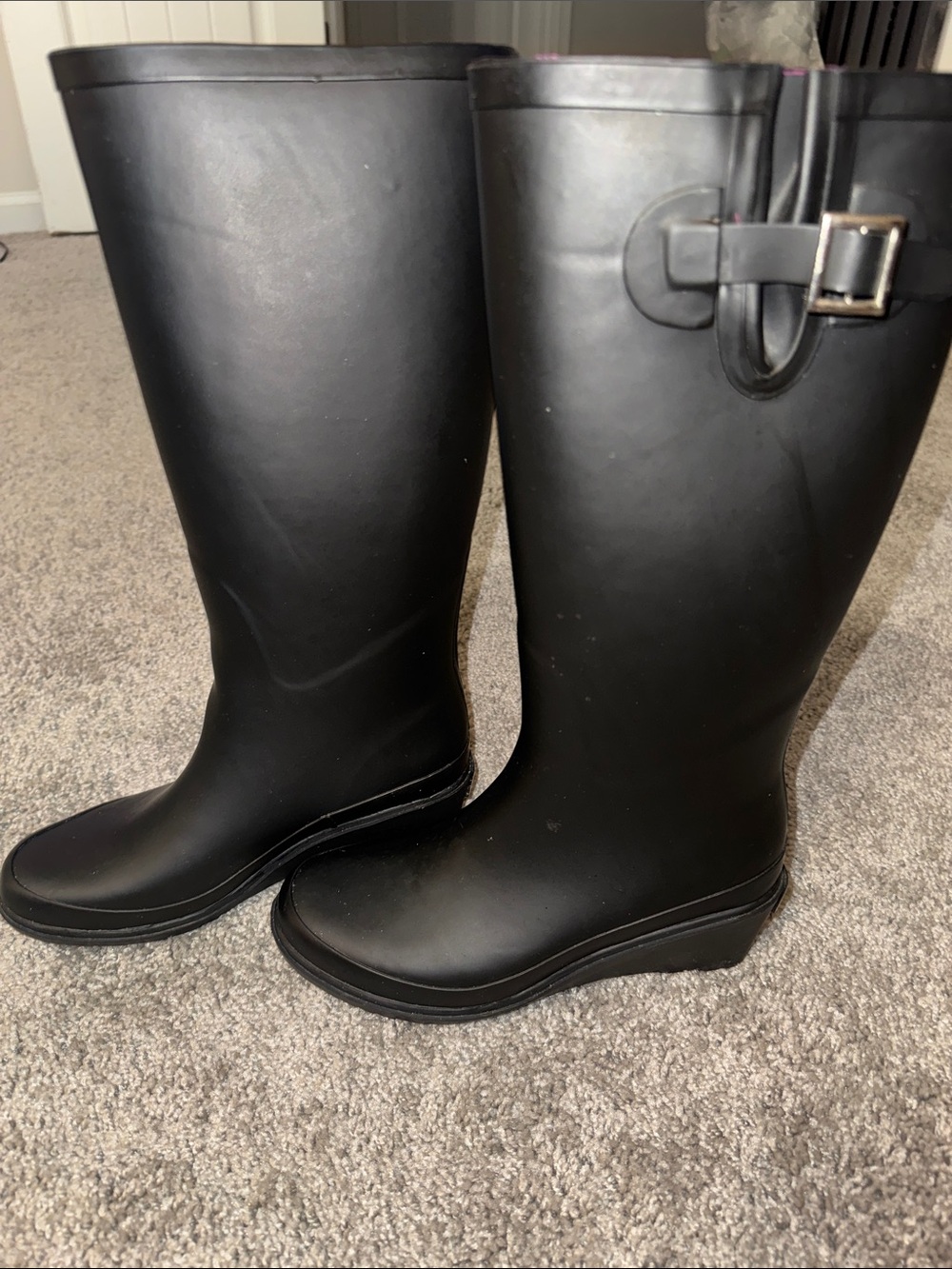 Dirty Laundry Black Wedge Rain Boots with Side Buckle